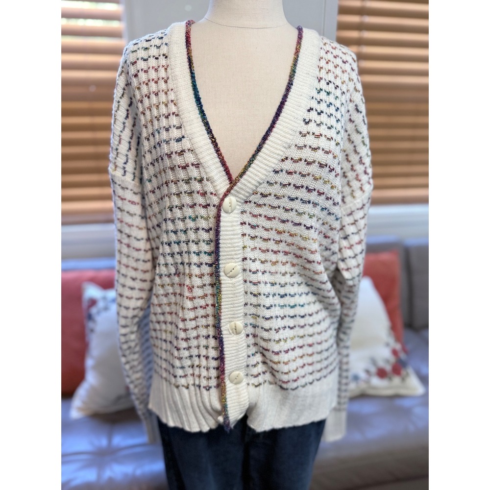 80s VTG Alan Stuart Rainbow Speckled Waffle Knit Cardigan Sweater White Large